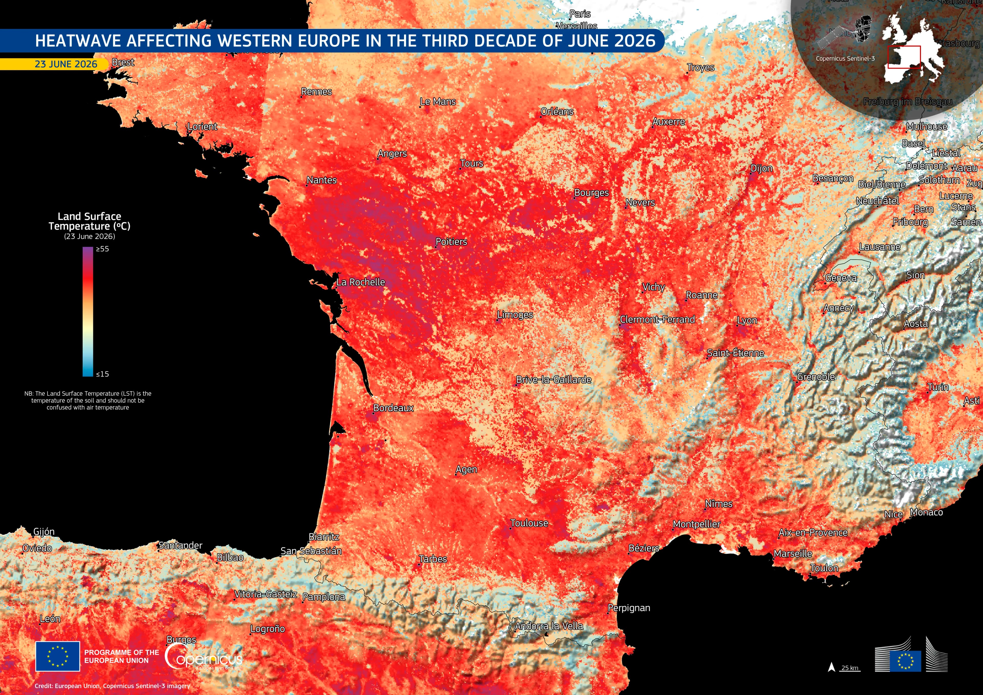 Hartă satelitară Copernicus Sentinel-3 cu temperaturile de la sol din 23 iunie 2026: zone roșii și violet peste centrul și sudul Franței și nordul Spaniei, marcând valori de peste 50°C.